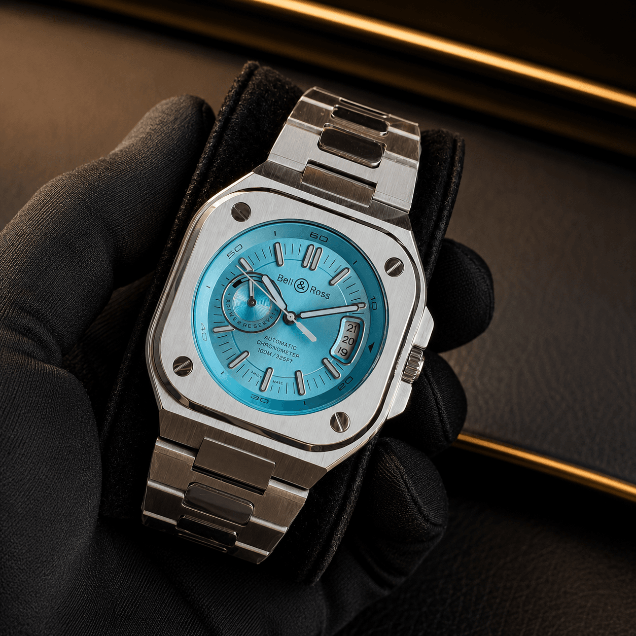 Bell & Ross BR-X5 Ice Blue Automatic Watch with Stainless Steel Bracelet, Ice Blue Dial, Extra Silicone Strap and Japanese Automatic Movement