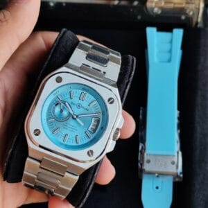 Bell & Ross BR-X5 Ice Blue Automatic Watch with Stainless Steel Bracelet, Ice Blue Dial, Extra Silicone Strap and Japanese Automatic Movement