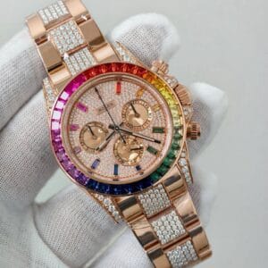 Rolex Daytona Rainbow Diamond Automatic Watch with Rainbow Gemstone Bezel and Rose Gold Bracelet