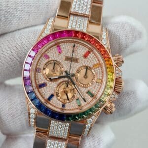 Rolex Daytona Rainbow Diamond Automatic Watch with Rainbow Gemstone Bezel and Rose Gold Bracelet