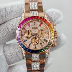 Rolex Daytona Rainbow Diamond Automatic Watch with Rainbow Gemstone Bezel and Rose Gold Bracelet