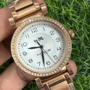 Coach Women's Rose Gold Crystal Classic Watch Original Authentic Quality with White Dial and Rose Gold Stainless Steel Bracelet