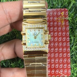 Omega Constellation Quadro Diamond Bezel Yellow Gold Ladies Watch with Mother of Pearl Dial and Japan Quartz Movement