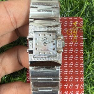 Omega Constellation Quadro Diamond Bezel Silver Stainless Steel Ladies Watch with Mother of Pearl Dial and Japan Quartz Movement