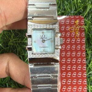 Omega Constellation Quadro Diamond Bezel Silver Stainless Steel Ladies Watch with Mother of Pearl Dial and Japan Quartz Movement