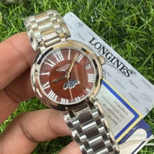 Longines Prima Luna Moonphase Stainless Steel Ladies Watch with Japan Quartz Movement and Date Display