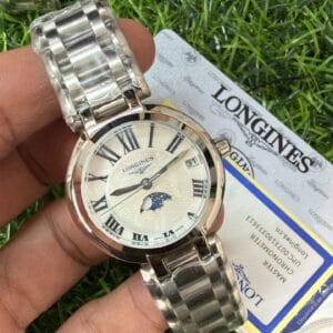 Longines Prima Luna Moonphase Stainless Steel Ladies Watch with Japan Quartz Movement and Date Display