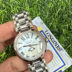 Longines Prima Luna Moonphase Diamond Bezel Stainless Steel Ladies Watch with Japan Quartz Movement