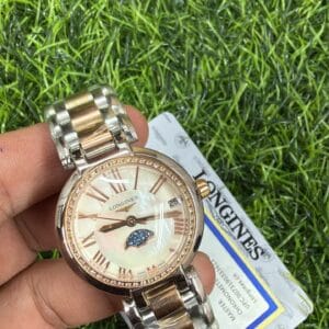 Longines Prima Luna Diamond Bezel Rose Gold Dual Tone Stainless Steel Ladies Watch with Mother of Pearl Dial and Japan Quartz Movement