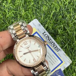 Longines Prima Luna Diamond Bezel Rose Gold Dual Tone Stainless Steel Ladies Watch with Mother of Pearl Dial and Japan Quartz Movement