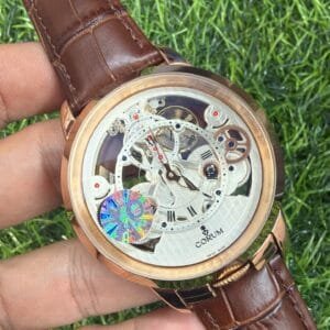 Corum Skeleton Automatic Rose Gold Luxury Watch White Skeleton Dial Brown Leather Strap