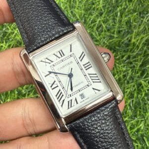 Cartier Tank Automatic Leather Strap Luxury Watch Black Dial Roman Numeral
