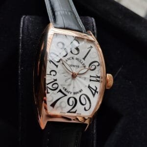 Franck Muller Crazy Hours 5850 CH Automatic Watch for Men with Rose Gold Tone Case and Black Leather Strap
