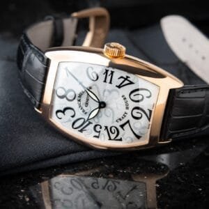 Franck Muller Crazy Hours 5850 CH Automatic Watch for Men with Rose Gold Tone Case and Black Leather Strap