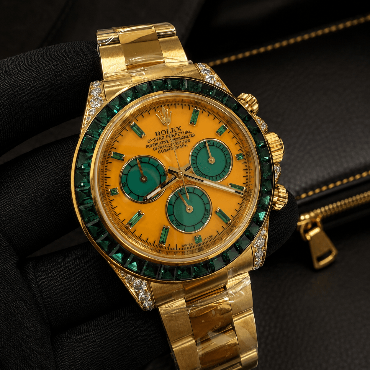 Rolex Cosmograph Daytona Super Clone Swiss ETA Diamond Bezel Men's Watch Gold Green Dial