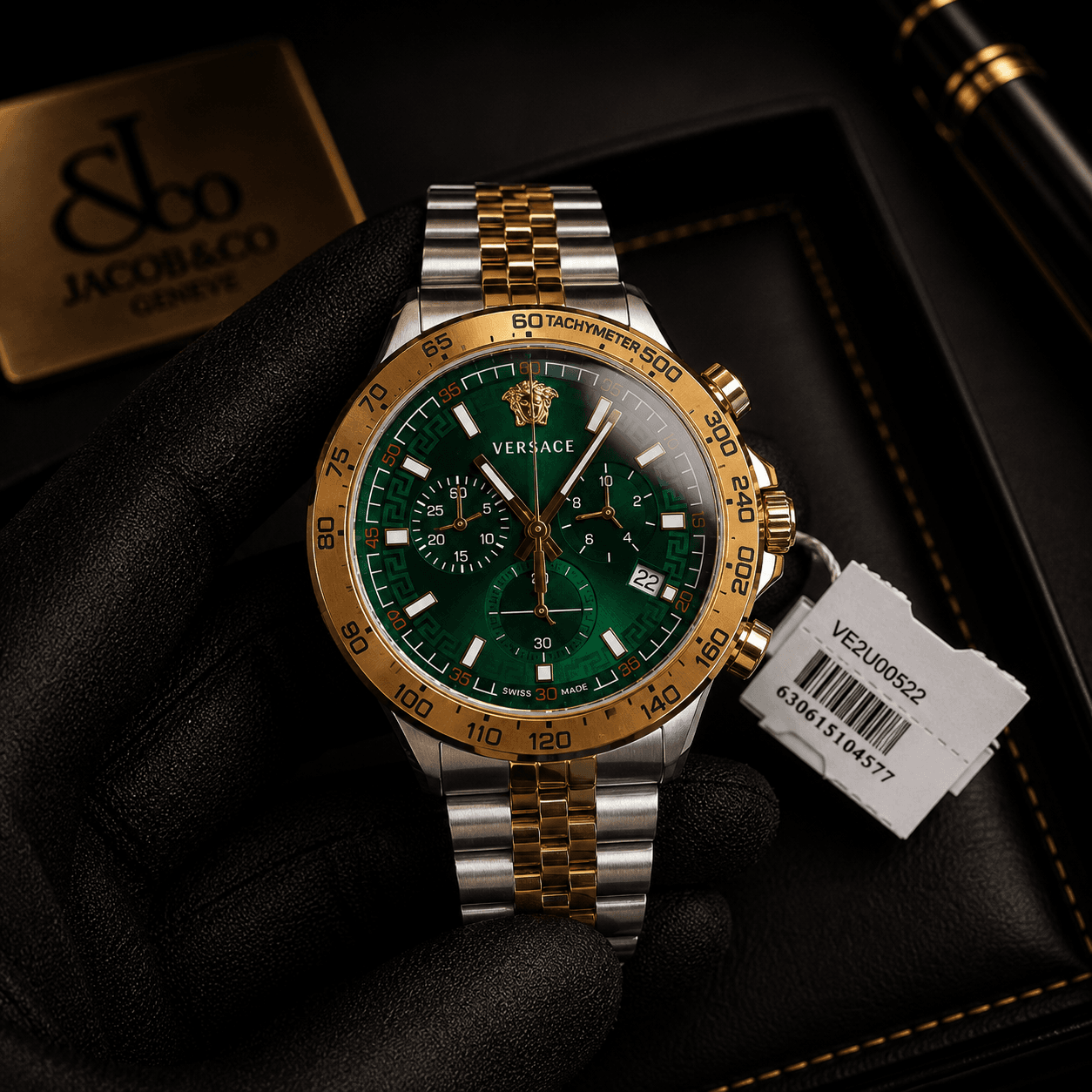 Versace VE2U00522 Men's Chronograph Watch with Gold-Tone Tachymeter Bezel