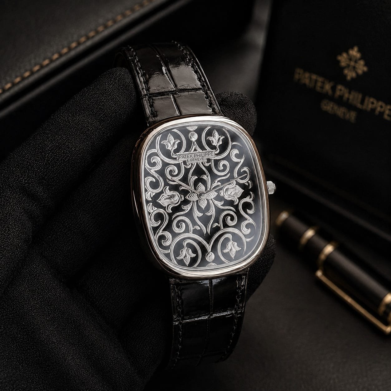 Patek Philippe Ref. 5738/51G-001 Golden Ellipse Watch hand-engraved black enameled dial
