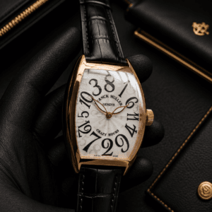 Franck Muller Crazy Hours 5850 CH Automatic Watch for Men with Rose Gold Tone Case and Black Leather Strap