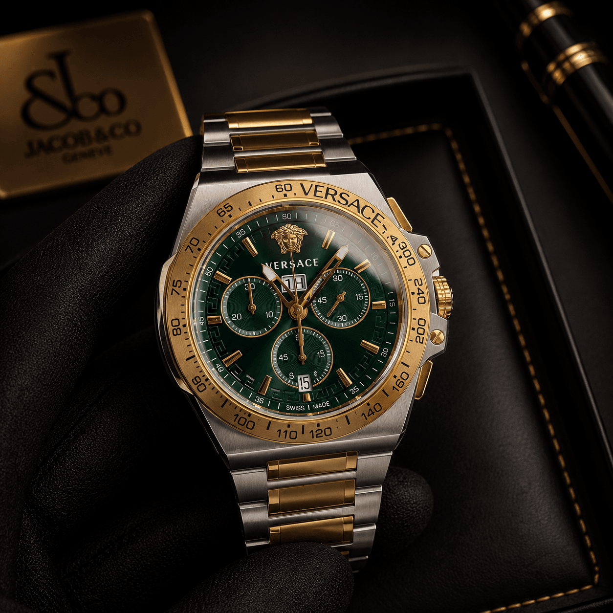 Versace VE7H00523 Premium Men's Watch with Green Dial and Gold Two-Tone Bracelet